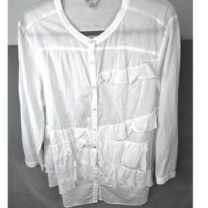 Garnet Hill White Cotton Ruffle Tiered Button Down Blouse Top Womens XL Boho